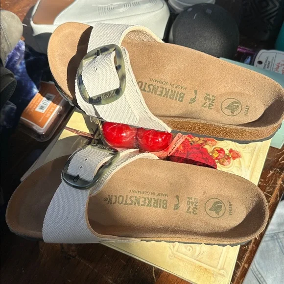 Birkenstock Madrid Big Buckle Sandals in Eggshell Color w Tortoiseshell Buckle - Picture 4 of 4